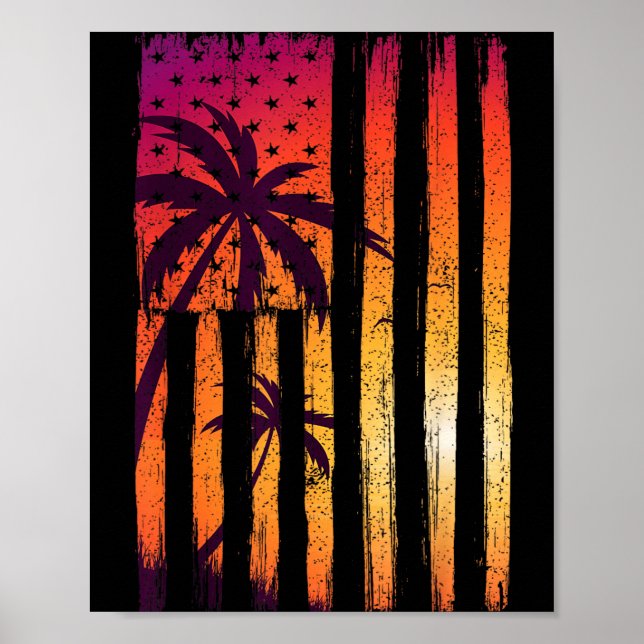 Summer Sunset Palm Trees American Flag Cool Spring Poster (Front)
