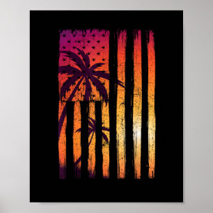 Summer Sunset Palm Trees American Flag Cool Spring Poster