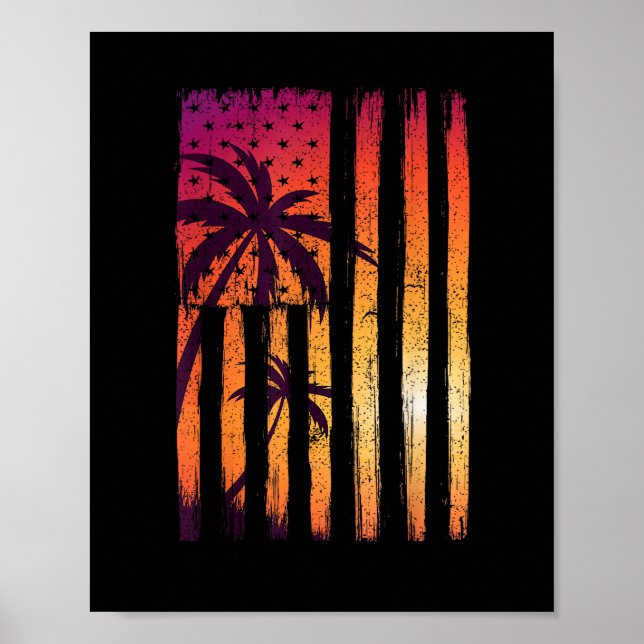 Summer Sunset Palm Trees American Flag Cool Spring Poster (Front)