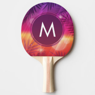 Summer Sunset Palm Trees Monogram Purple Orange Ping Pong Paddle