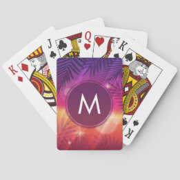 Summer Sunset Palm Trees Monogram Purple Orange Playing Cards