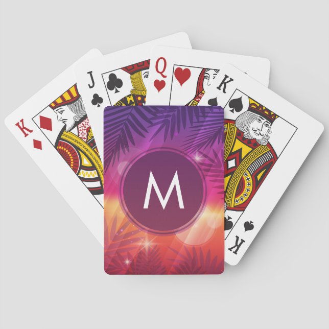 Summer Sunset Palm Trees Monogram Purple Orange Playing Cards (Back)