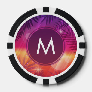 Summer Sunset Palm Trees Monogram Purple Orange Poker Chips