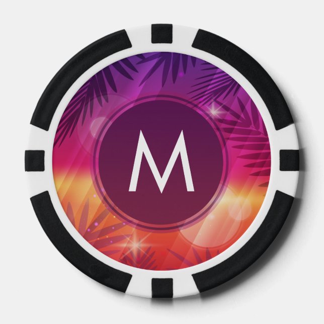 Summer Sunset Palm Trees Monogram Purple Orange Poker Chips (Front)
