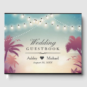 Summer Sunset Palm Tress String Lights Wedding Guest Book