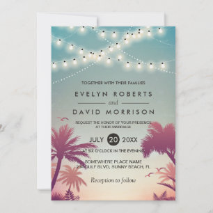Summer Sunset Palms String Lights Outdoor Wedding Invitation