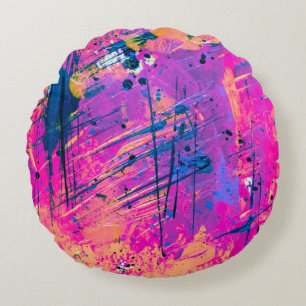 Summer Sunset Splatter Paint Abstract Round Cushion