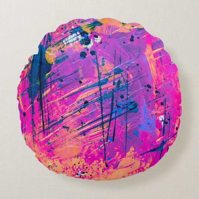 Summer Sunset Splatter Paint Abstract Round Cushion (Front)