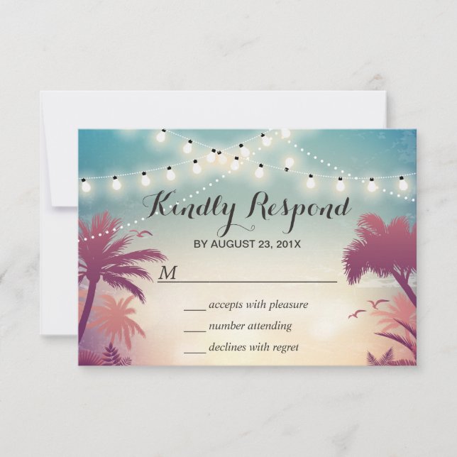 Summer Sunset String Lights Palm Tree RSVP Card (Front)