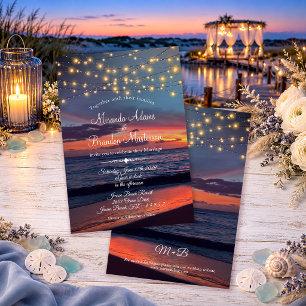 Summer Sunset String Lights Tropical Beach Wedding Invitation
