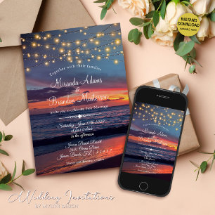 Summer Sunset String Lights Tropical Beach Wedding Invitation