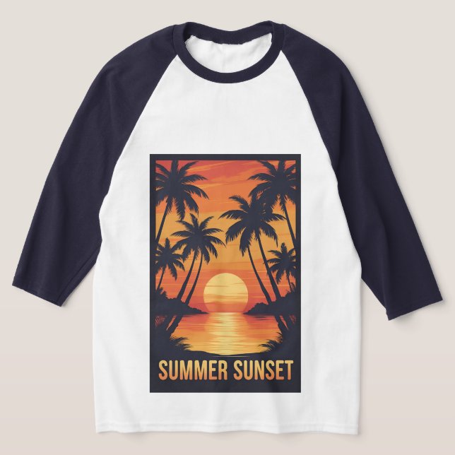 "Summer Sunset – Tropical Palm Tree Beach Graphic  T-Shirt (Laydown)