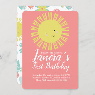 Summer Sunshine Floral Sun Girls Birthday Party Invitation