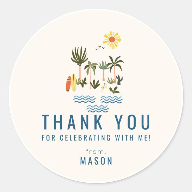 Summer Surf Birthday Party Thank You Favour Classi Classic Round Sticker (Front)