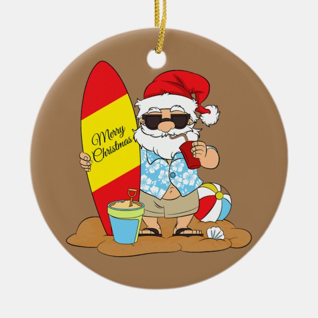 Summer Surf board beach Santa Hawaiian Christmas Ceramic Ornament (Front)