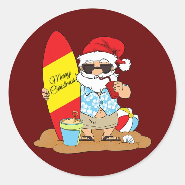 Summer Surf board beach Santa Hawaiian Christmas Classic Round Sticker (Front)