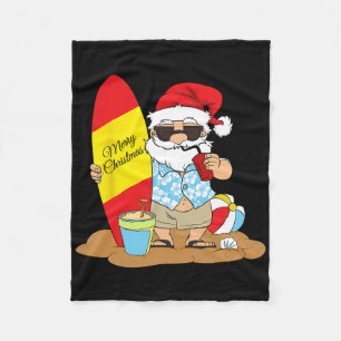 Summer Surf Board Beach Santa Hawaiian Christmas I Fleece Blanket