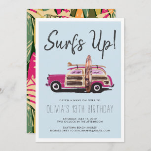 Summer Surf Party   Vintage Pink Car Invitation