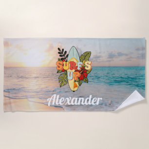 Summer surfing beach flowers and tropical leafs beach towel