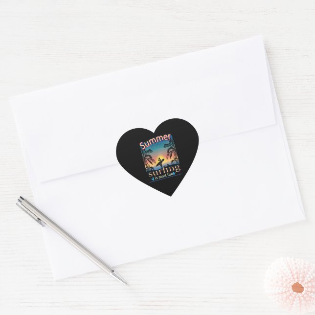 Summer - Surfing Is Most Fun Heart Sticker (Envelope)