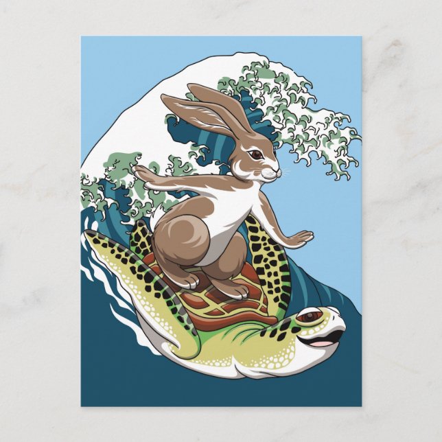 Summer Surfing - Turtle and Rabbit Illustration Postcard (Front)