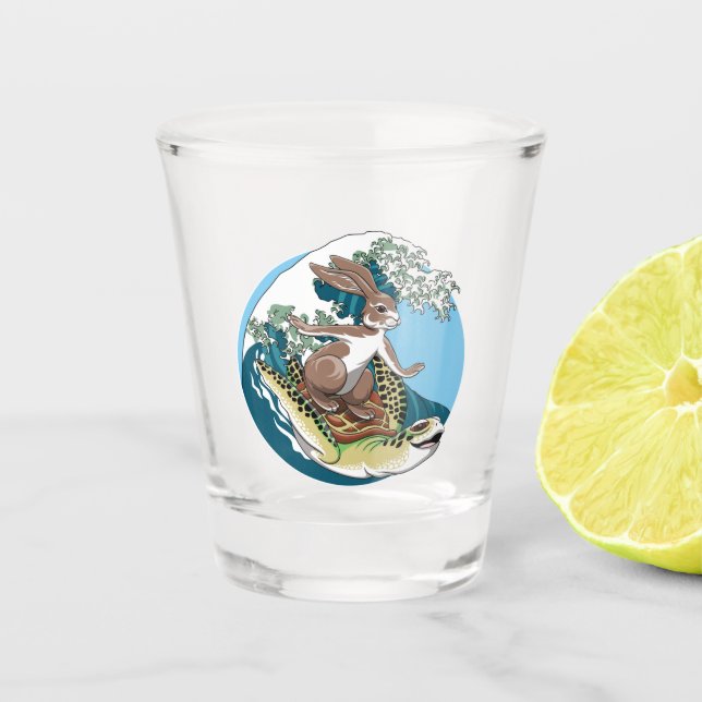 Summer Surfing - Turtle and Rabbit Illustration Shot Glass (Front)