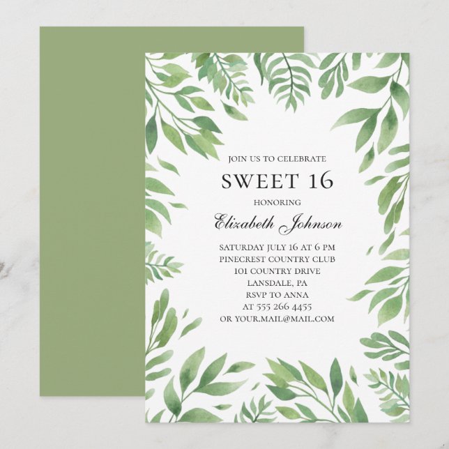 Summer Sweet 16. Botanical garden 16th birthday Invitation (Front/Back)