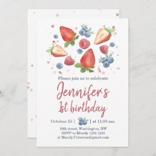 Summer Sweet Berry Strawberry 1st Birthday Invitat Invitation