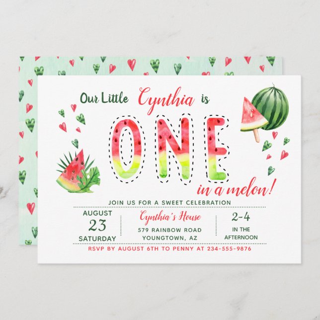 Summer Sweet Watermelon First Birthday Invitation (Front/Back)