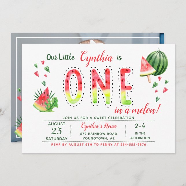 Summer Sweet Watermelon First Birthday Photo Invitation (Front/Back)