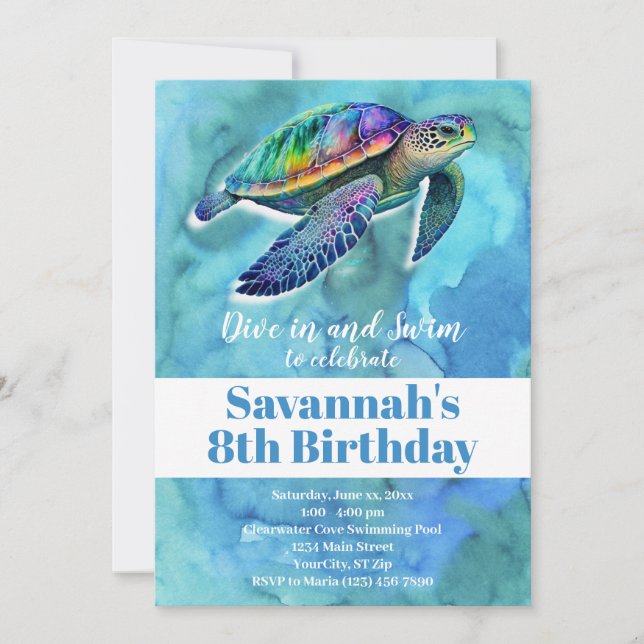 Summer Swim Birthday Pool Party Sea Turtle Beach Invitation (Front)