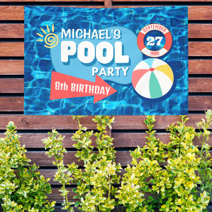 Summer Swimming Pool Party Tropical Birthday Blue Banner