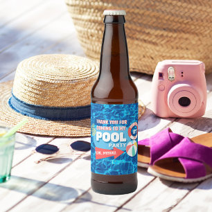 Summer Swimming Pool Party Tropical Birthday Blue  Beer Bottle Label