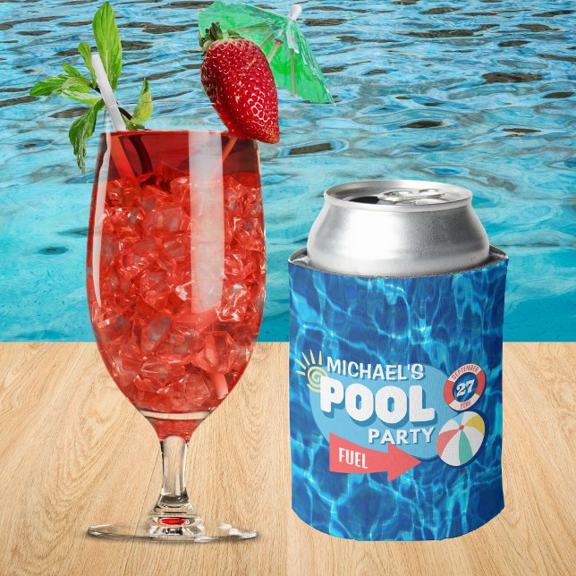 Summer Swimming Pool Party Tropical Birthday Blue  Can Cooler (Creator Uploaded)