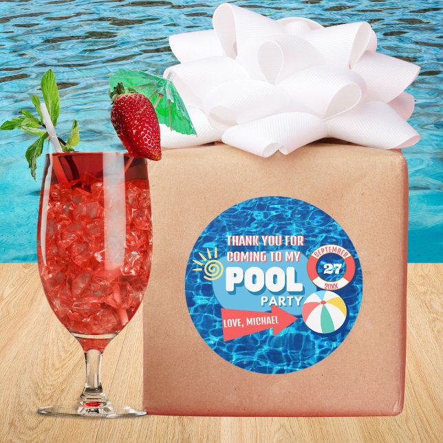 Summer Swimming Pool Party Tropical Birthday Blue  Classic Round Sticker (Creator Uploaded)