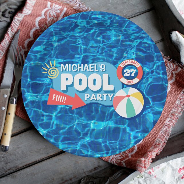 Summer Swimming Pool Party Tropical Birthday Blue  Paper Plate (Creator Uploaded)