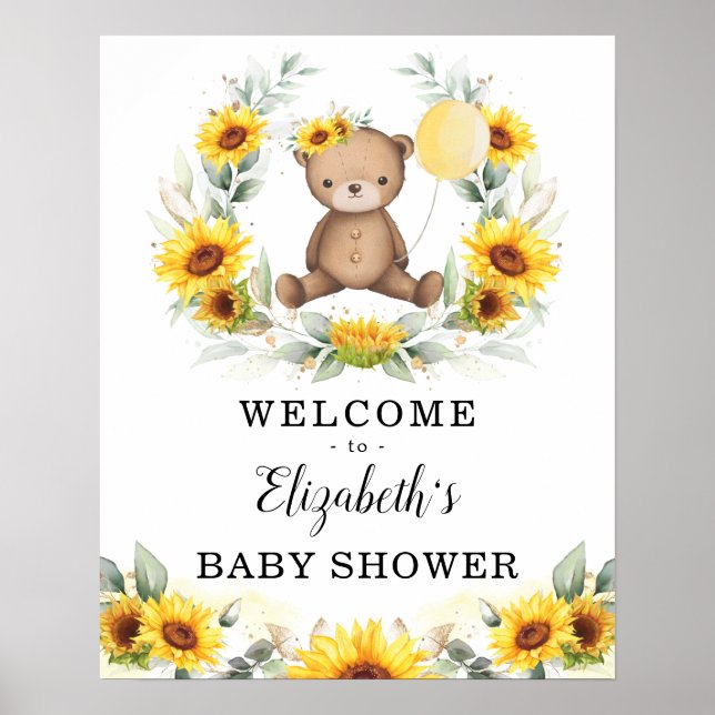 Summer Teddy Bear Sunflower Wreath Welcome Baby Poster (Front)