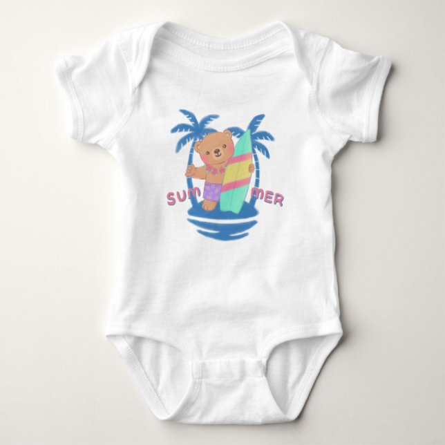 Summer Teddy Bear Surfer in Hawaii Baby Bodysuit (Front)