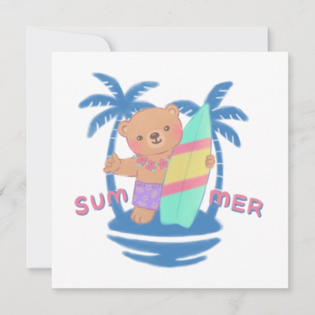 Summer Teddy Bear Surfer in Hawaii Card (Front)