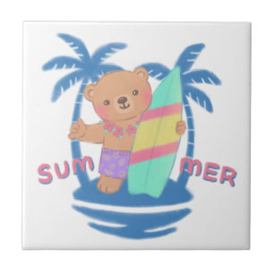 Summer Teddy Bear Surfer in Hawaii Ceramic Tile