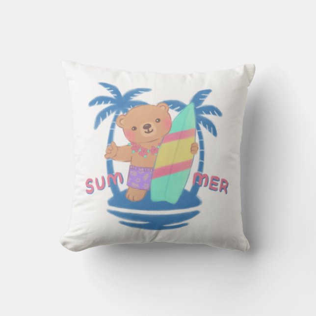 Summer Teddy Bear Surfer in Hawaii Cushion (Front)