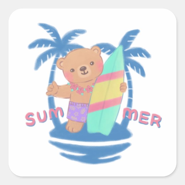 Summer Teddy Bear Surfer in Hawaii Square Sticker (Front)