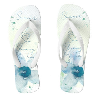 Summer Text Blue Watercolor Floral Handpainted Thongs