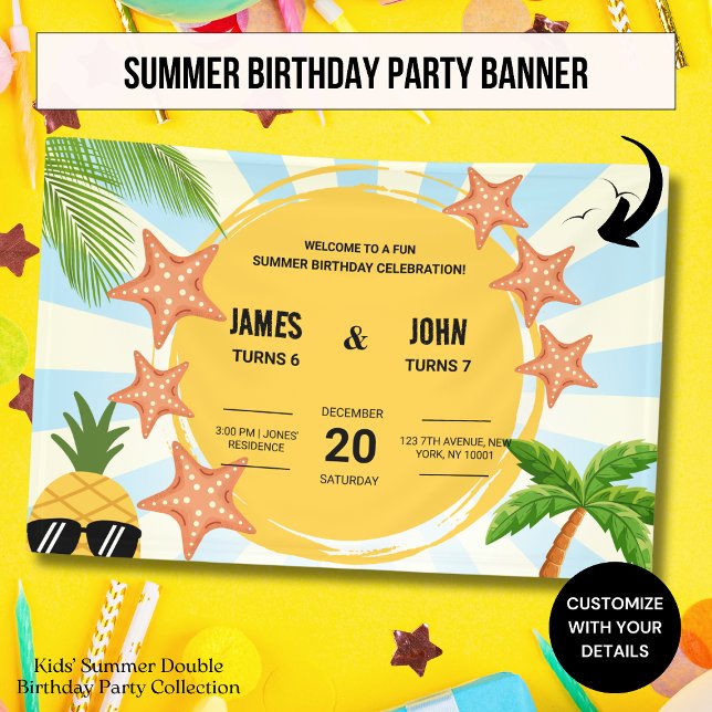 Summer Theme Kids Double Birthday Celebration Banner (Creator Uploaded)