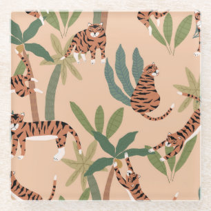 Summer Tigers Palm Trees Exotic Glass Coaster