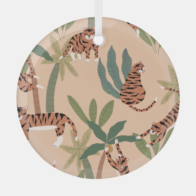 Summer Tigers Palm Trees Exotic Glass Tree Decoration (Front)