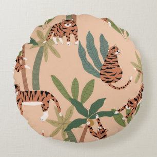 Summer Tigers Palm Trees Exotic Round Cushion