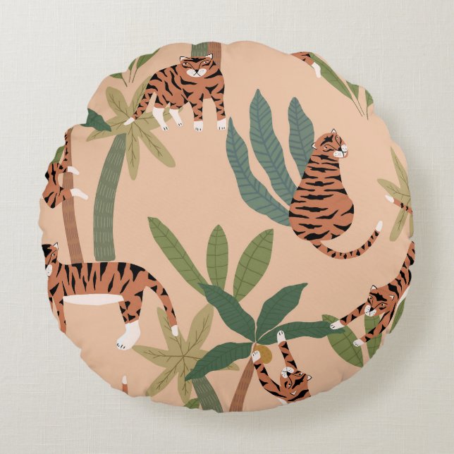 Summer Tigers Palm Trees Exotic Round Cushion (Front)