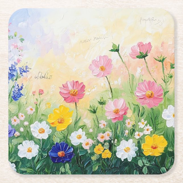 Summer time. Colourful flowers. Art.  Square Paper Coaster (Front)