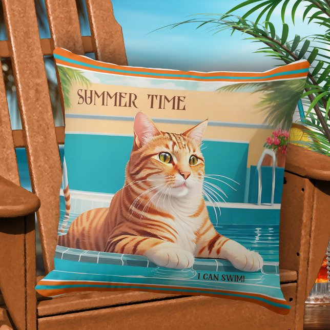 Summer Time Funny Ginger Cat Pool Cushion (Pillow featuring an illustration of a funny ginger cat in a swimming pool - happy summer pillow)